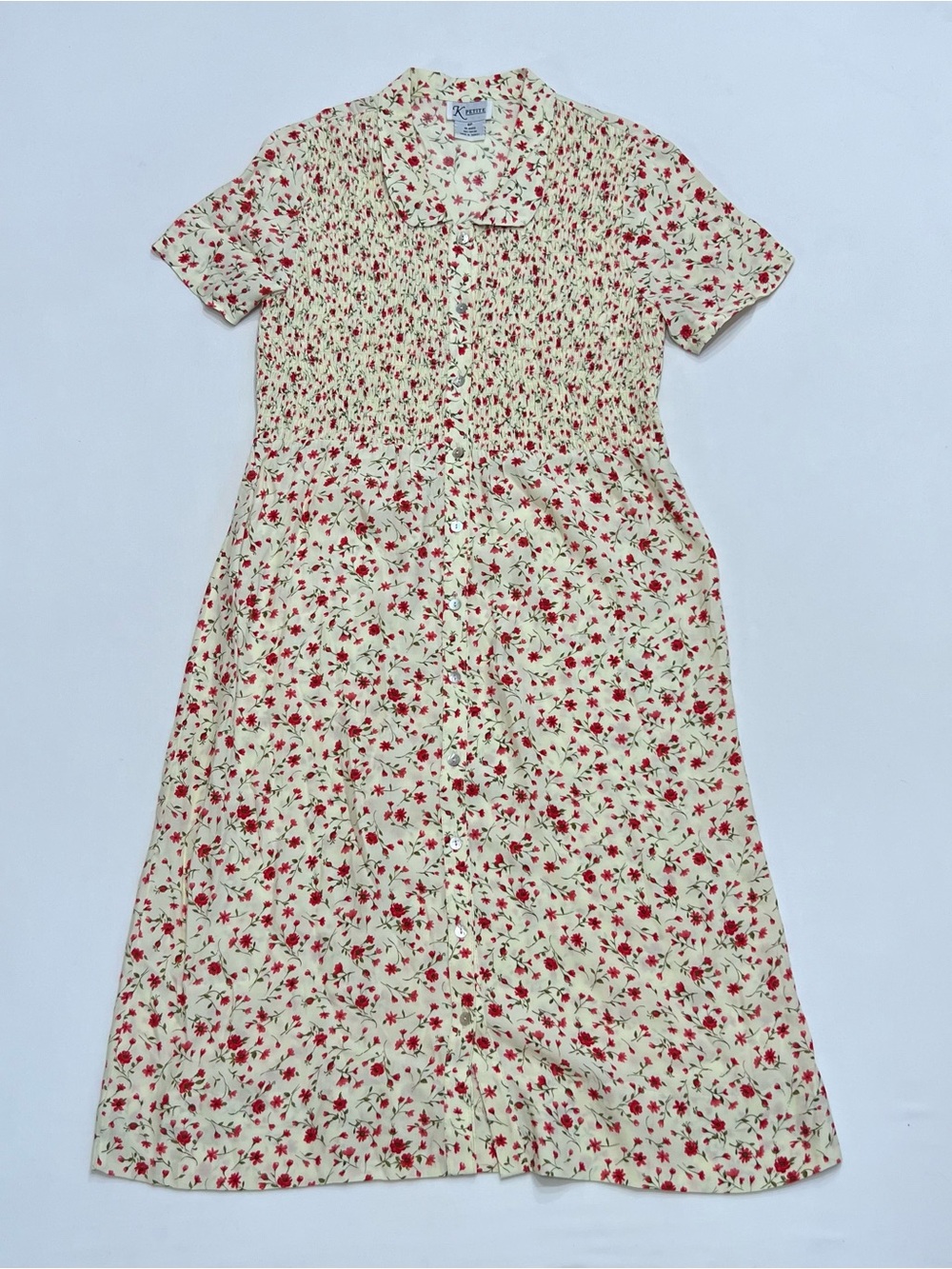 Vintage 90s Sun Dress Sz 8P Light Yellow Red Ditsy Floral Midi Button Front